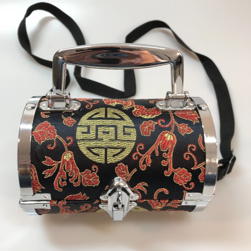 EUC Vintage Chinese Print Fabric Covered Metal Canister/Barrel Bag